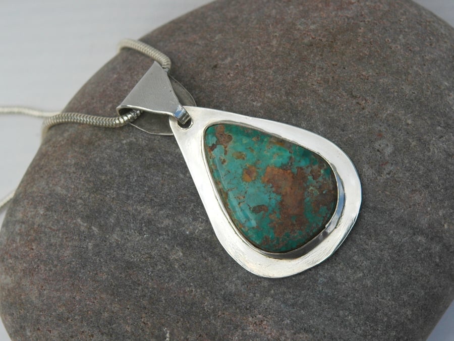 Sterling Silver Teardrop Pendant with Pilot Mountain Turquoise, Hallmarked, P128