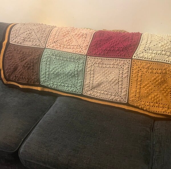 “Young Sheldon crochet blanket or throw for settee, multi-coloured sofa afghan 