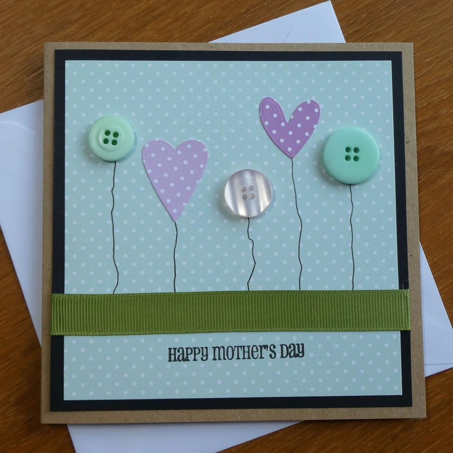 Button Flowers Mother's Day Card - Green and Pink