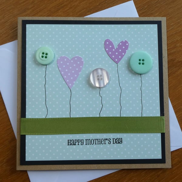 Button Flowers Mother's Day Card - Green and Pink