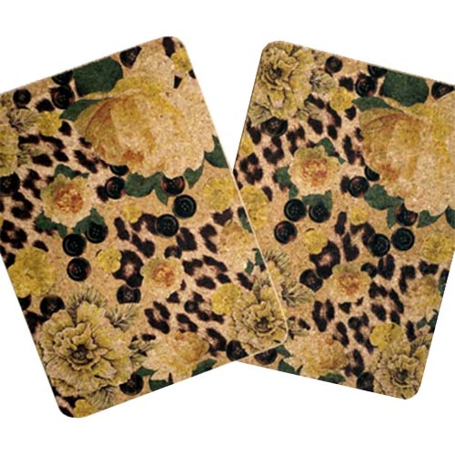 Luxury Cork Placemats . Set of Two Rectangular Yellow Rose & Skin Print.