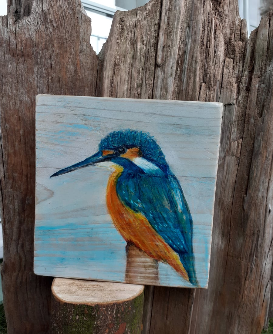Kingfisher painting on reclaimed wood