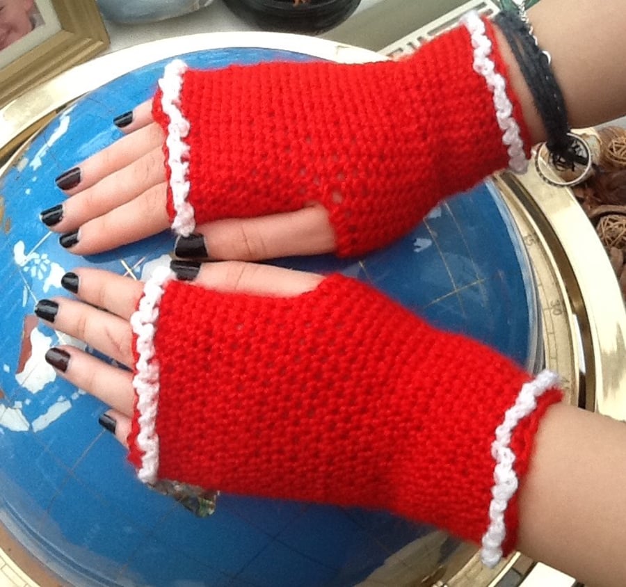 Festive Red!  Crocheted Fingerless Mittens, with Cream Frill Detail!