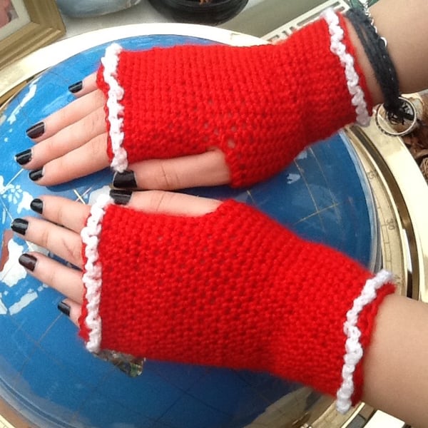 Festive Red!  Crocheted Fingerless Mittens, with Cream Frill Detail!