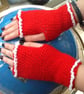 Festive Red!  Crocheted Fingerless Mittens, with Cream Frill Detail!