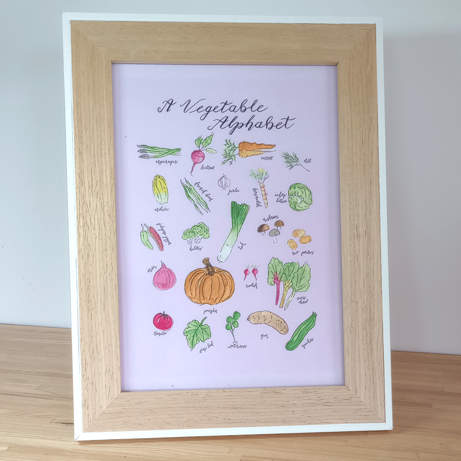 An Illustrated Vegetable Alphabet - Eco Wall Art (A4) - Watercolour on Pink