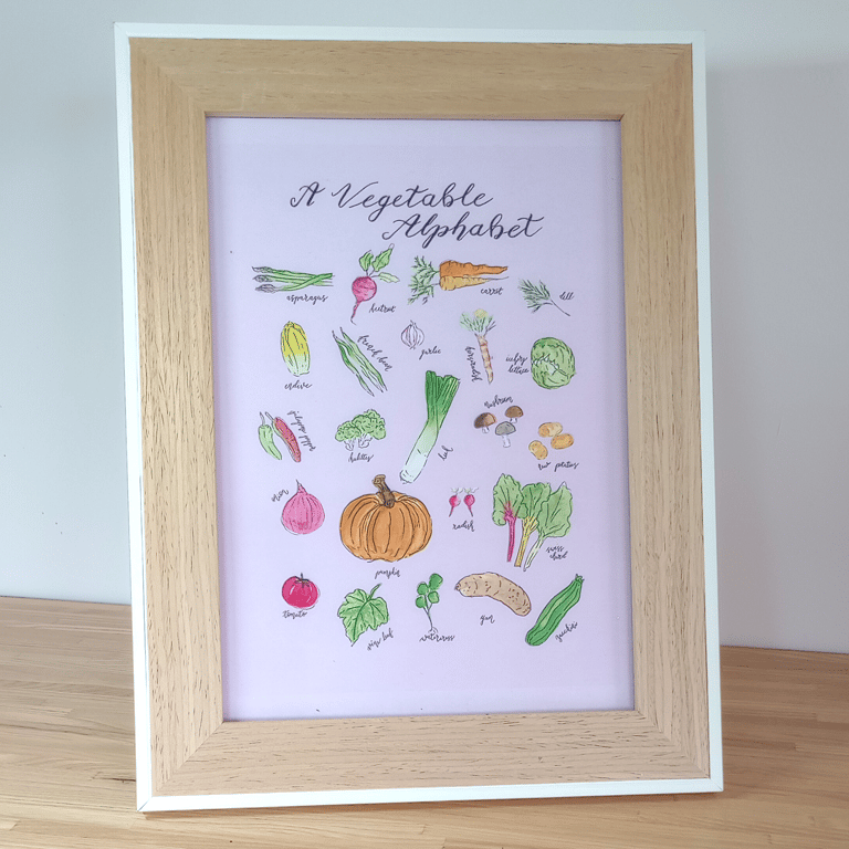An Illustrated Vegetable Alphabet - Eco Wall Art (A4) - Watercolour on Pink