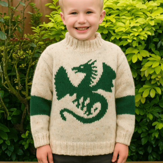 Knitting pattern for boys and girls Aran Dragon Sweater 4-13 years, digital pdf