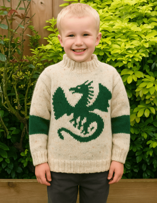 Knitting pattern for boys and girls Aran Dragon Sweater 4-13 years, digital pdf