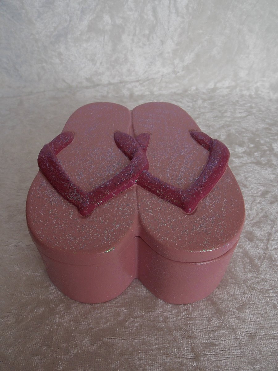 Hand Painted Ceramic Cute Pink Glittery Flip Flop Sandals Jewellery Trinket Box.