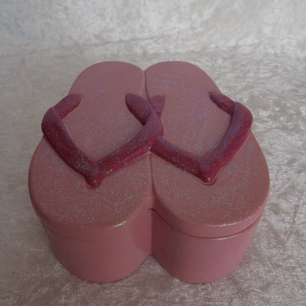 Hand Painted Ceramic Cute Pink Glittery Flip Flop Sandals Jewellery Trinket Box.