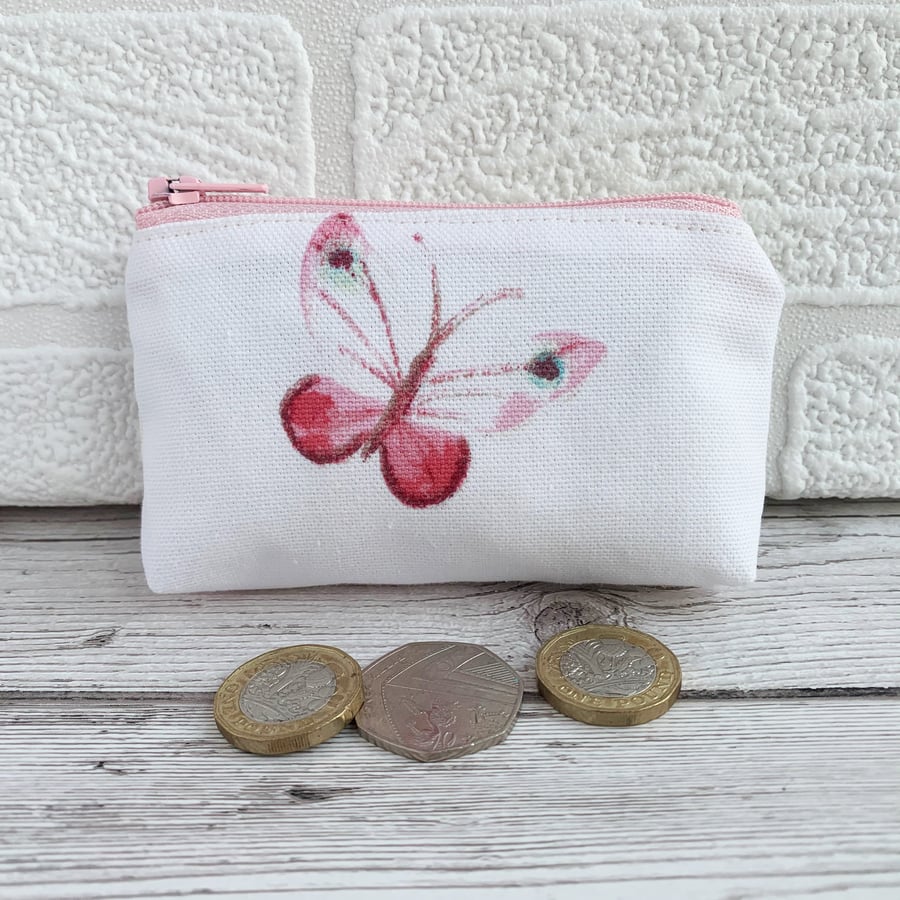 Small purse, coin purse with pink butterfly