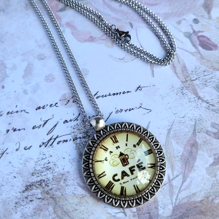 Time for Coffee! Cabochon pendant necklace, clock face, vintage Paris Cafe image