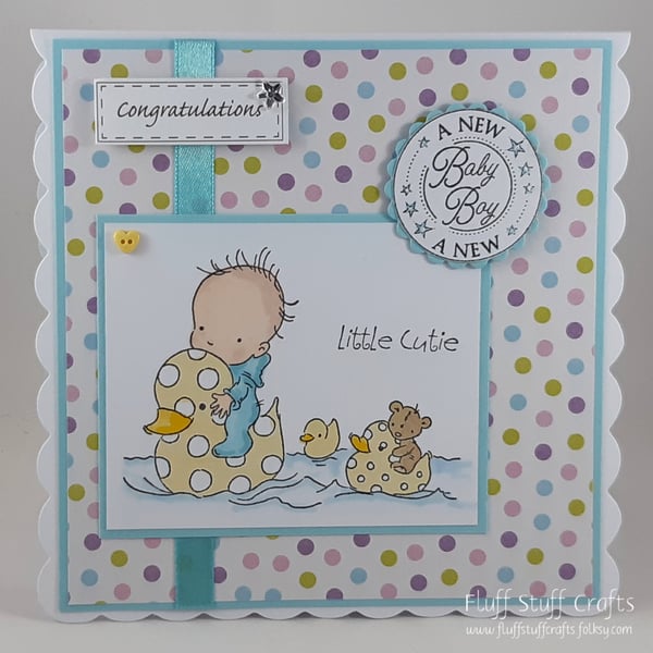 Handmade new baby boy card - baby and ducks