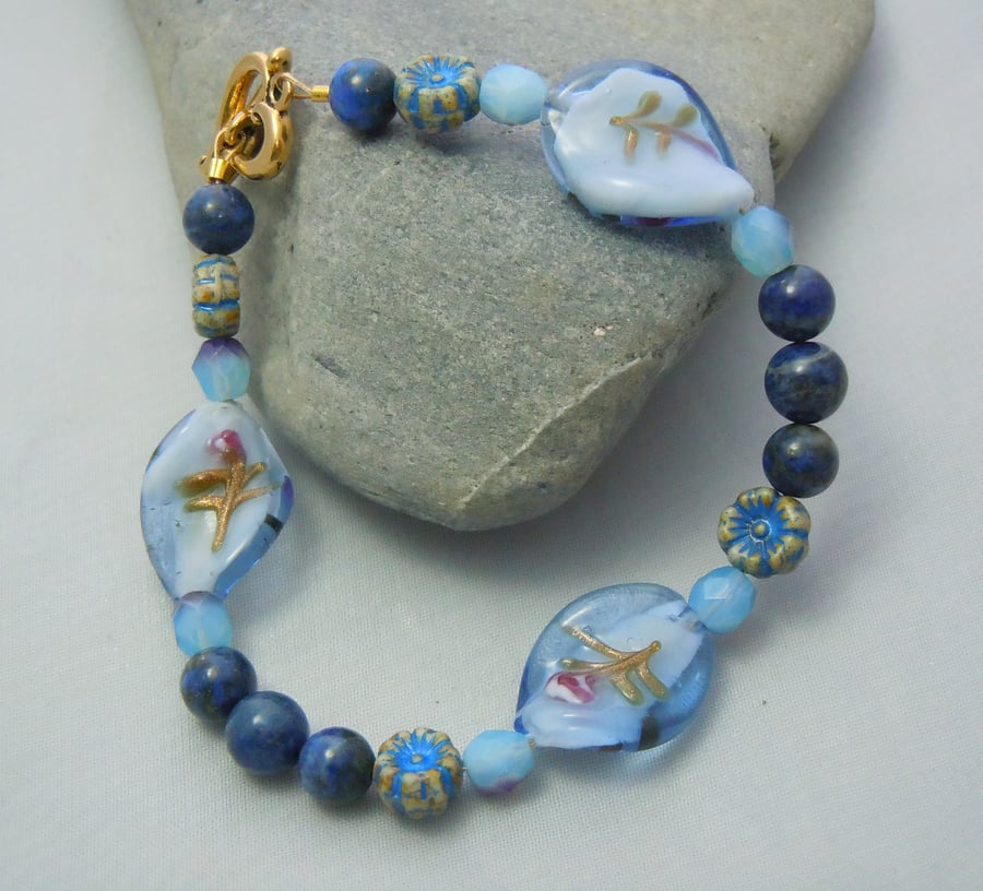 Lapis Lazuli, Artisan Lampwork & Czech glass beads bracelet