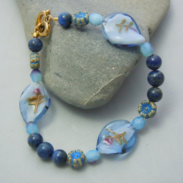 Lapis Lazuli, Artisan Lampwork & Czech glass beads bracelet