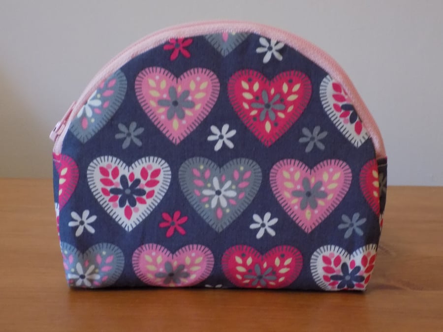 Pretty Grey & Pink Hearts Fabric Curved Make Up Bag Case
