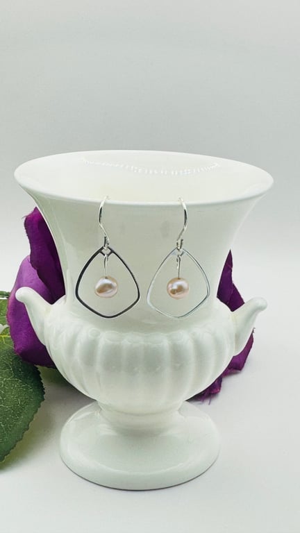 Pale Pink Freshwater Pearl & Petal Pendant Charm Earrings