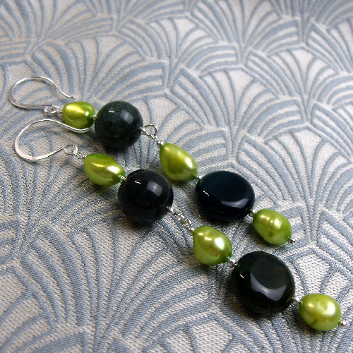 Long Black Green Statement Earrings, Long Black Green Gemstone Earrings CC10