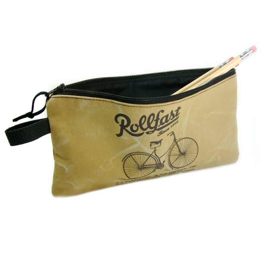 Canvas Pencil Case, Tan Pencil Bag, Vintage Bicycle Advert