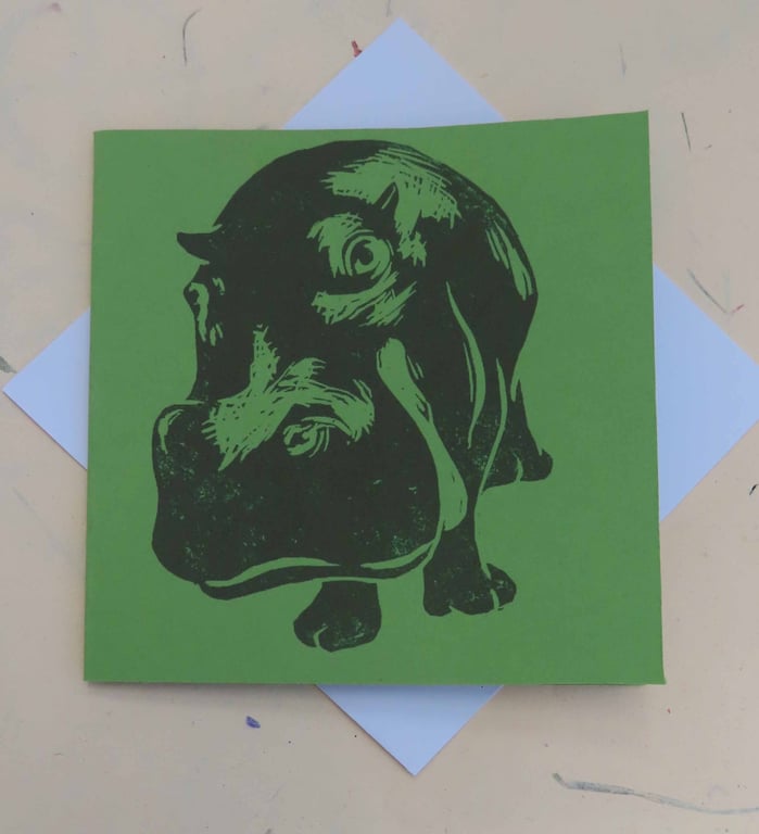 Hippo Art Greeting Card From Original Lino Cut Print Green
