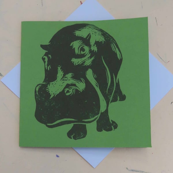 Hippo Art Greeting Card From Original Lino Cut Print Green