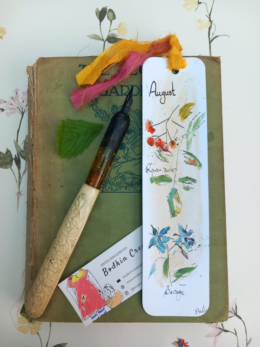 Hand drawn and painted botanical bookmark.  A book lovers gift.'  August '