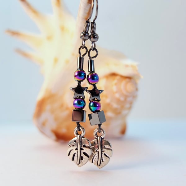 Black And Rainbow Hematite Earrings With silver Leaf Charm - Seconds Sunday