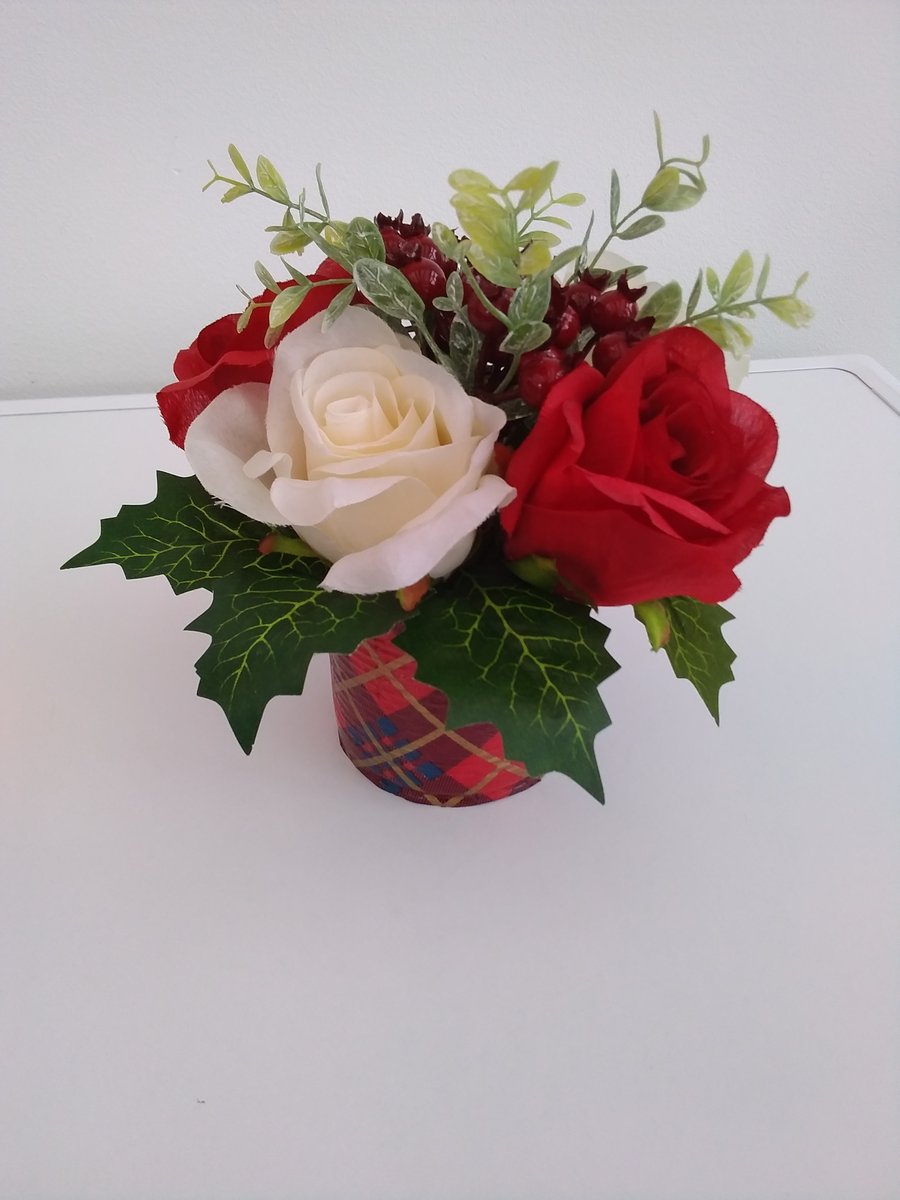 Festive Tartan Tin with Red & Cream Roses
