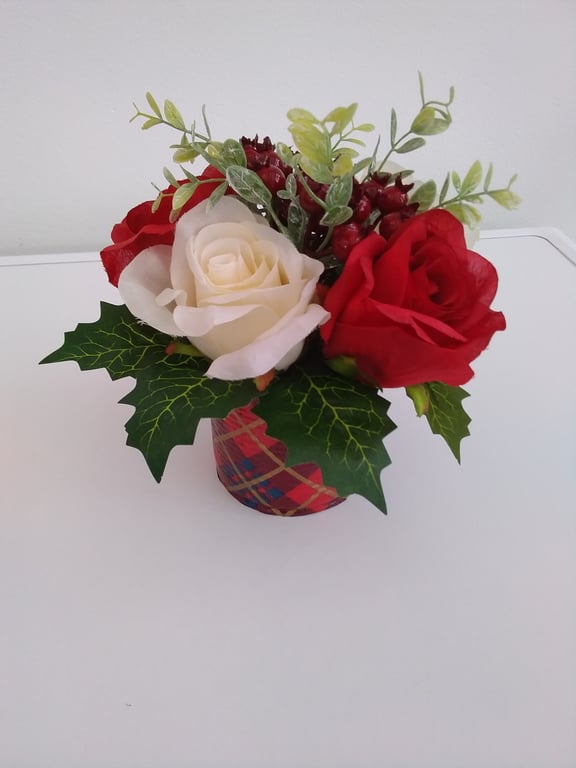 Festive Tartan Tin with Red & Cream Roses