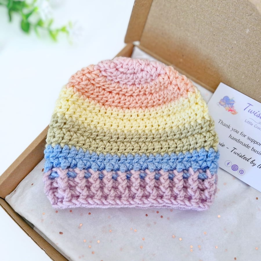 Rainbow Baby Crochet Beanie Hat – Newborn, 0-3 & 3-6 Months