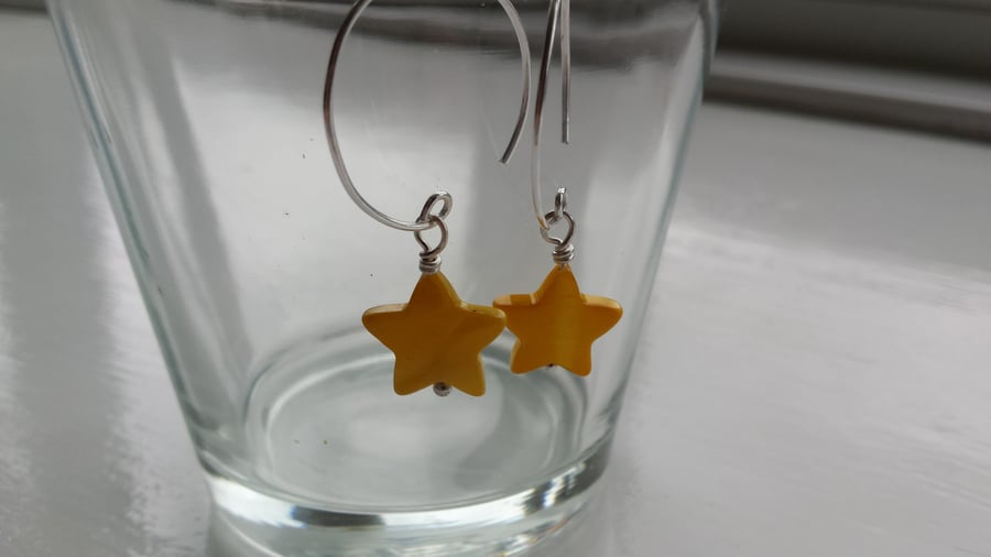 Yellow Hoop And Star Shell Earrings