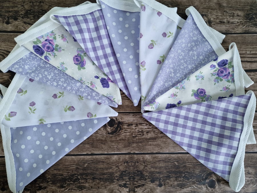 Vintage Style Lilac & White Floral Double Sided Handmade Fabric Bunting
