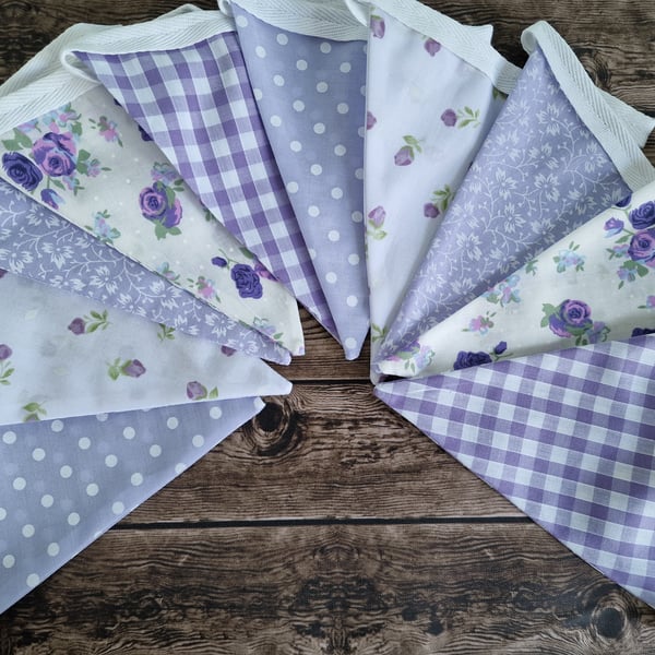 Vintage Style Lilac & White Floral Double Sided Handmade Fabric Bunting