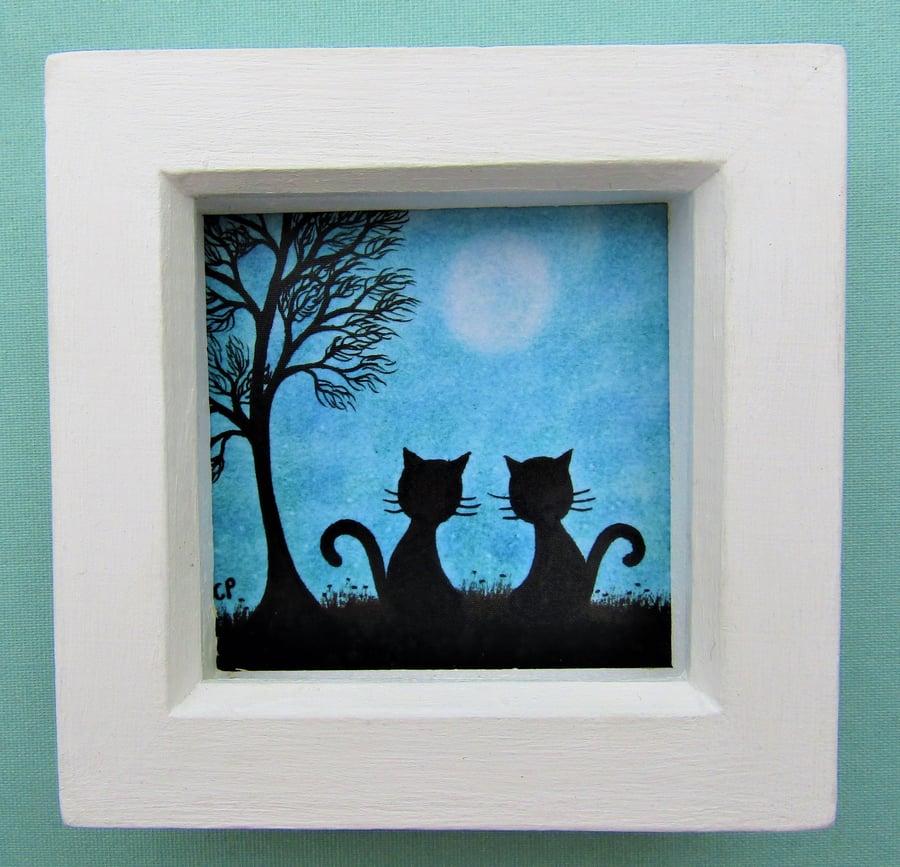 Cat Picture, Framed Art Print, Black Cats Gift, Blue Tree Moon Cat, Small Frame