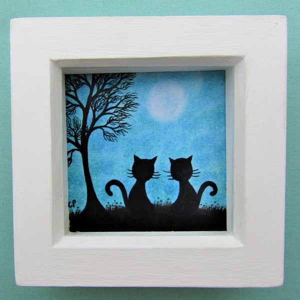 Cat Picture, Framed Art Print, Black Cats Gift, Blue Tree Moon Cat, Small Frame
