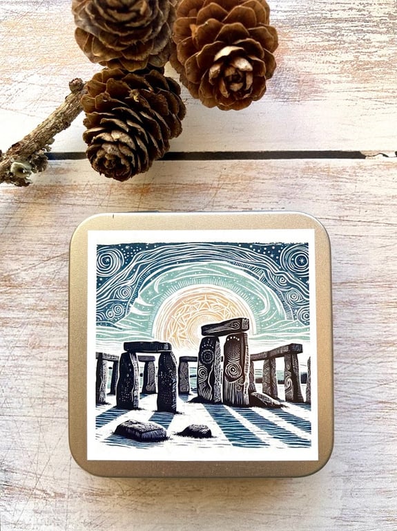 Stonehenge storage tin square buttons, stitch markers, beads, knitting, sewing