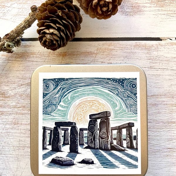 Stonehenge storage tin square buttons, stitch markers, beads, knitting, sewing