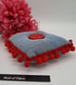 Pin cushion in denim with red bobble trim.  - Image 2