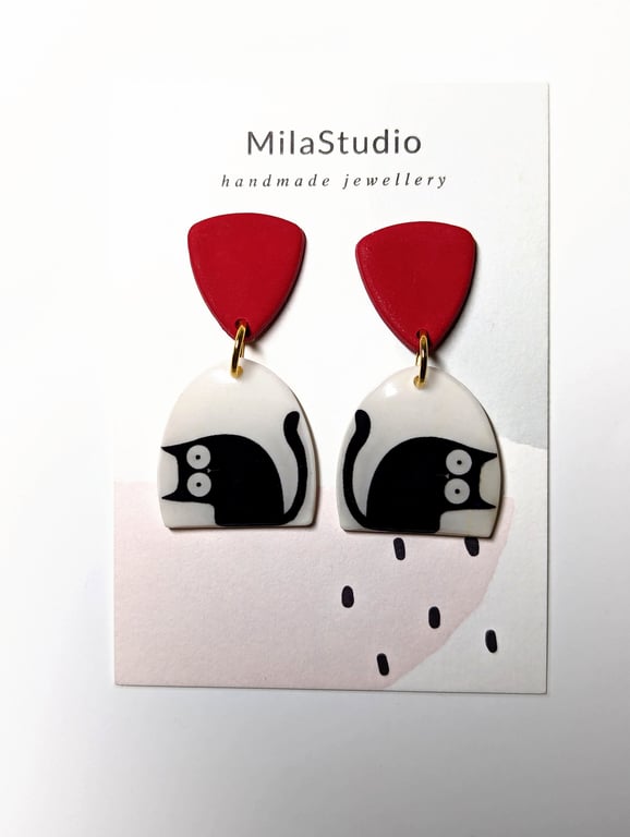 Handmade Cat Earrings – Polymer Clay, Charming Handmade UK Jewellery