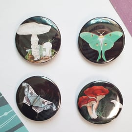 Vintage mushroom and moths badge set, witchy vibes gift, natural forest woodland