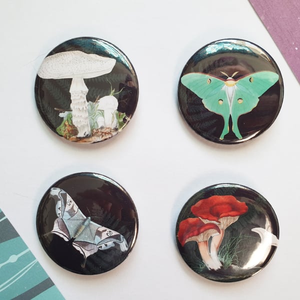 Vintage mushroom and moths badge set, witchy vibes gift, natural forest woodland