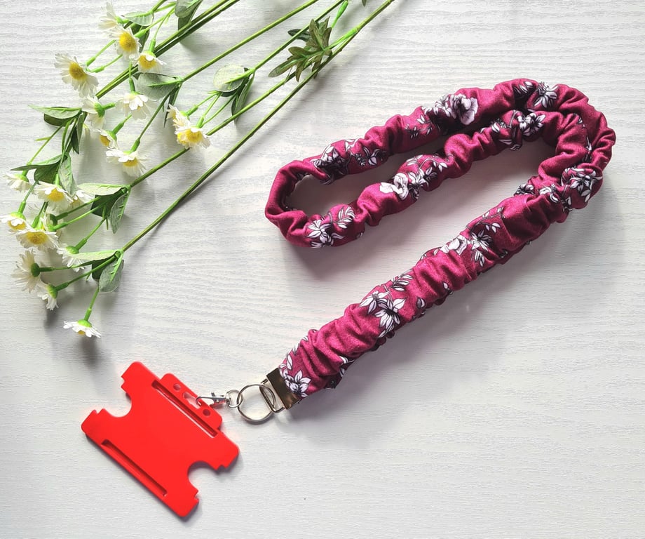 Handmade Scrunchie Lanyard Soft Maroon Floral Cotton ID Badge Holder