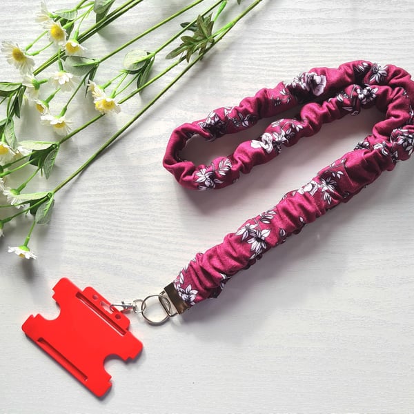 Handmade Scrunchie Lanyard Soft Maroon Floral Cotton ID Badge Holder