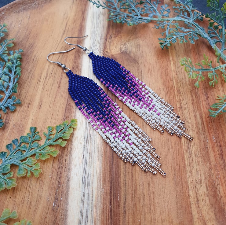 Gold bead Handmade Beaded Earrings Fringe Dangling Earrings Seed bead  earrings