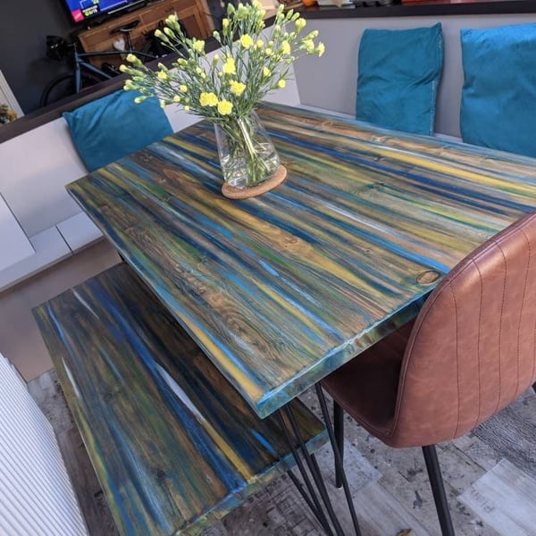 Wood Dining Table Coastal Nautical Harbour Lights Colours Hand Painted Old Boat 