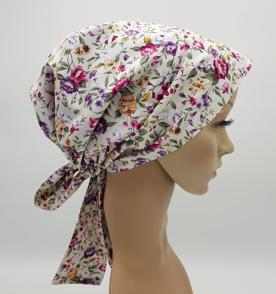 Lined cotton head wear for women, elasticated bonnet with long ties, tichel