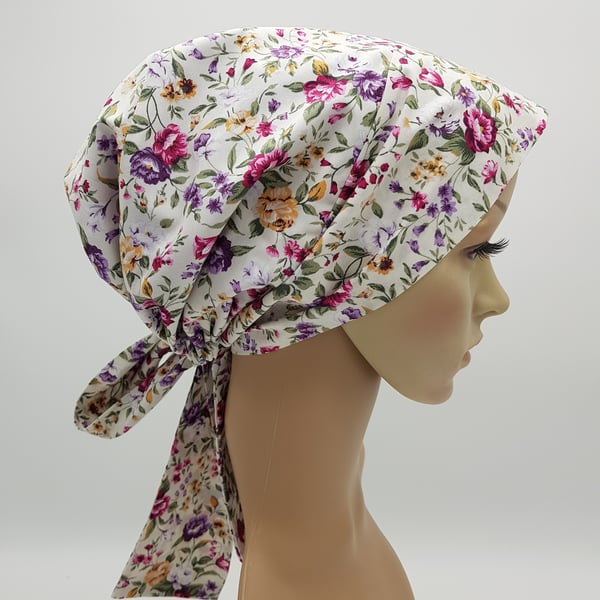 Lined cotton head wear for women, elasticated bonnet with long ties, tichel