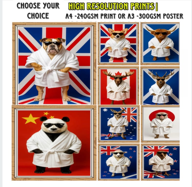 Quirky Animal Art Print in Robe Nation Flag Wall Décor A4 and A3 Prints