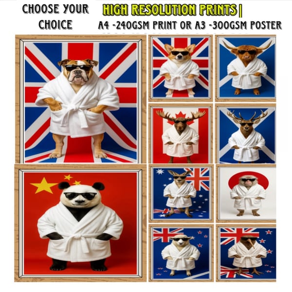 Quirky Animal Art Print in Robe Nation Flag Wall Décor A4 and A3 Prints
